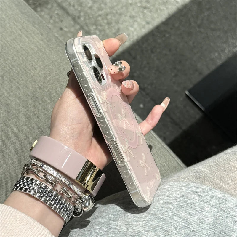 Lovely Pearl Bow Magnetic MagSafe Shockproof Case for iPhone 13–16 Pro Max Series