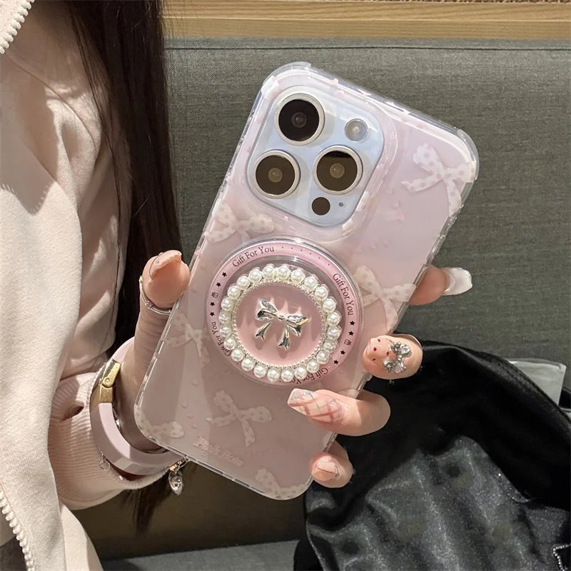 Lovely Pearl Bow Magnetic MagSafe Shockproof Case for iPhone 13–16 Pro Max Series