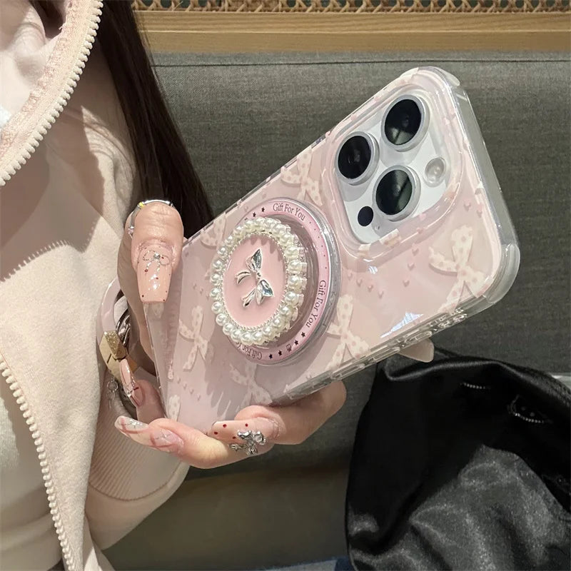 Lovely Pearl Bow Magnetic MagSafe Shockproof Case for iPhone 13–16 Pro Max Series