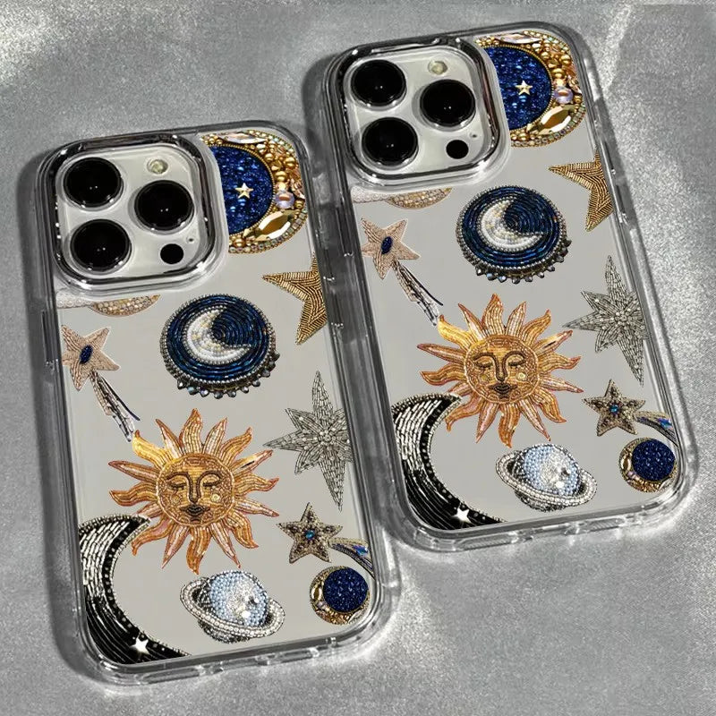 Creative Bead Embroidered Sun Electroplated Transparent Phone Case for iPhone 7–17 Pro Max Series