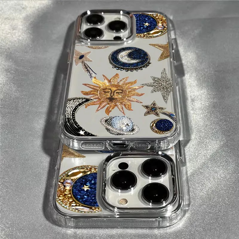 Creative Bead Embroidered Sun Electroplated Transparent Phone Case for iPhone 7–17 Pro Max Series