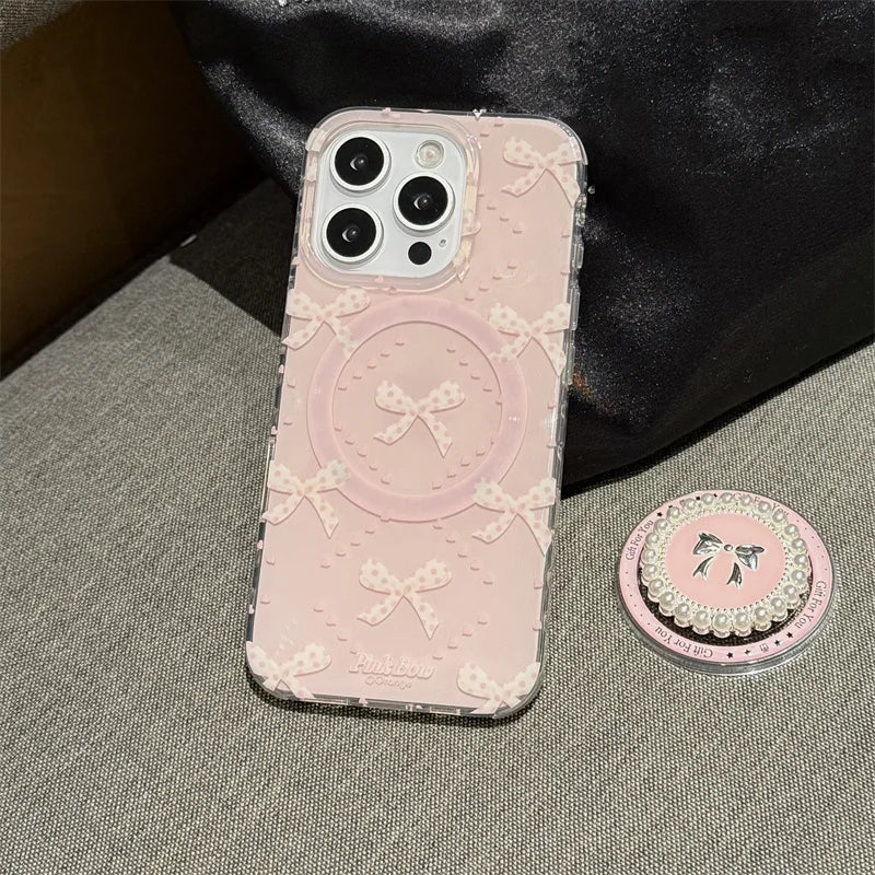 Lovely Pearl Bow Magnetic MagSafe Shockproof Case for iPhone 13–16 Pro Max Series