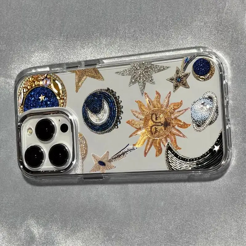 Creative Bead Embroidered Sun Electroplated Transparent Phone Case for iPhone 7–17 Pro Max Series