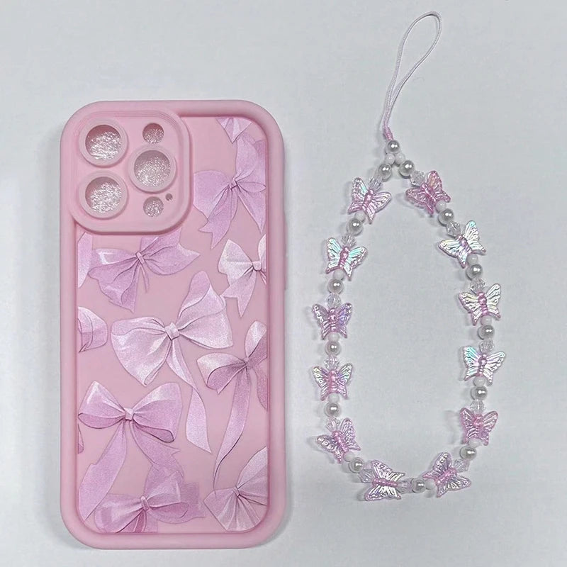 Pink Bow Silicone Butterfly Charm Case for iPhone 7–17 Pro Max Series